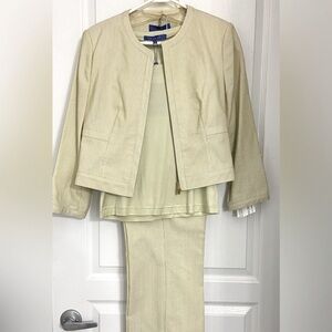 Liliu New 3 Set 100% Cotton Long Sleeve Blazer & Straight Leg & Tank Silk
